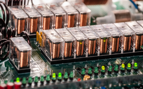 Wire is connected to a large green microcircuit Close-up of a coil with copper wire is connected to a large green microcircuit in the production of automated control systems and electronics. Military base concept